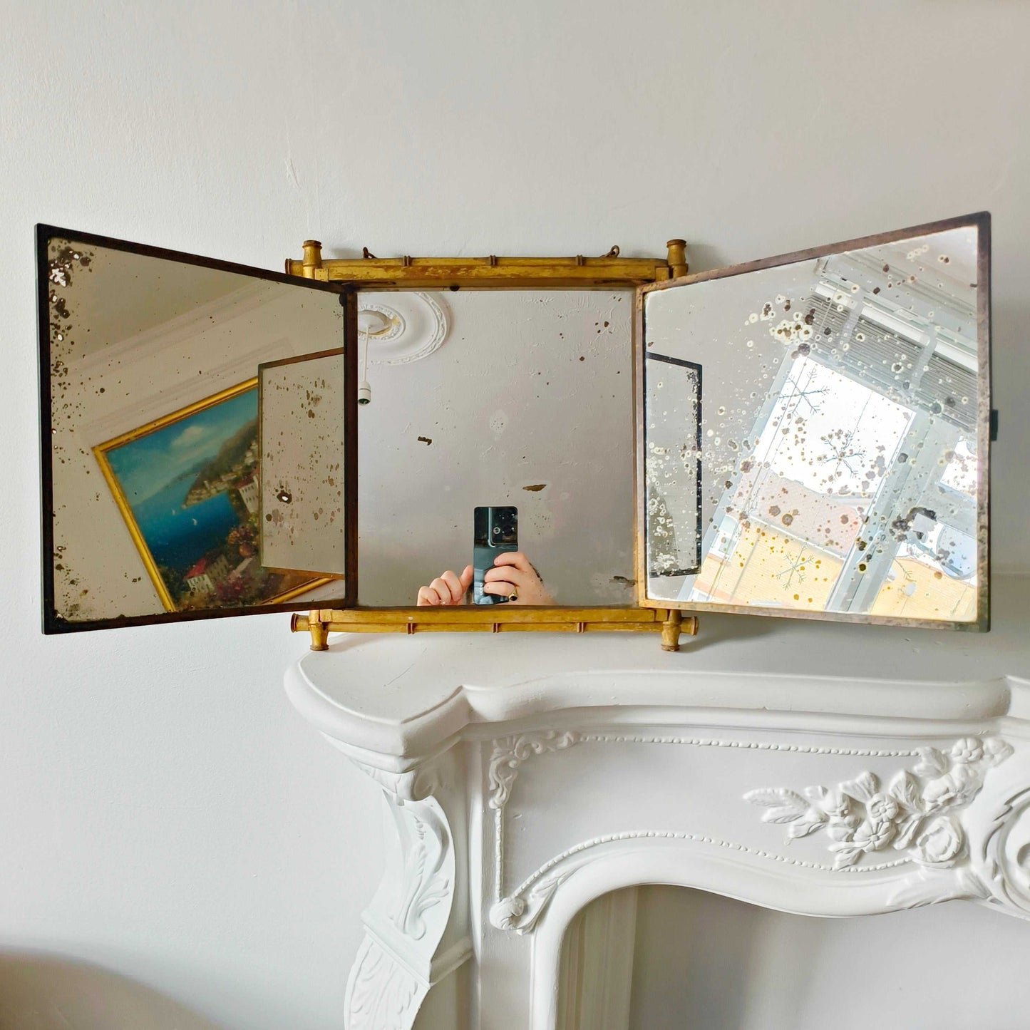 Late 19th-century faux bamboo triptych mirror with Napoleon III design