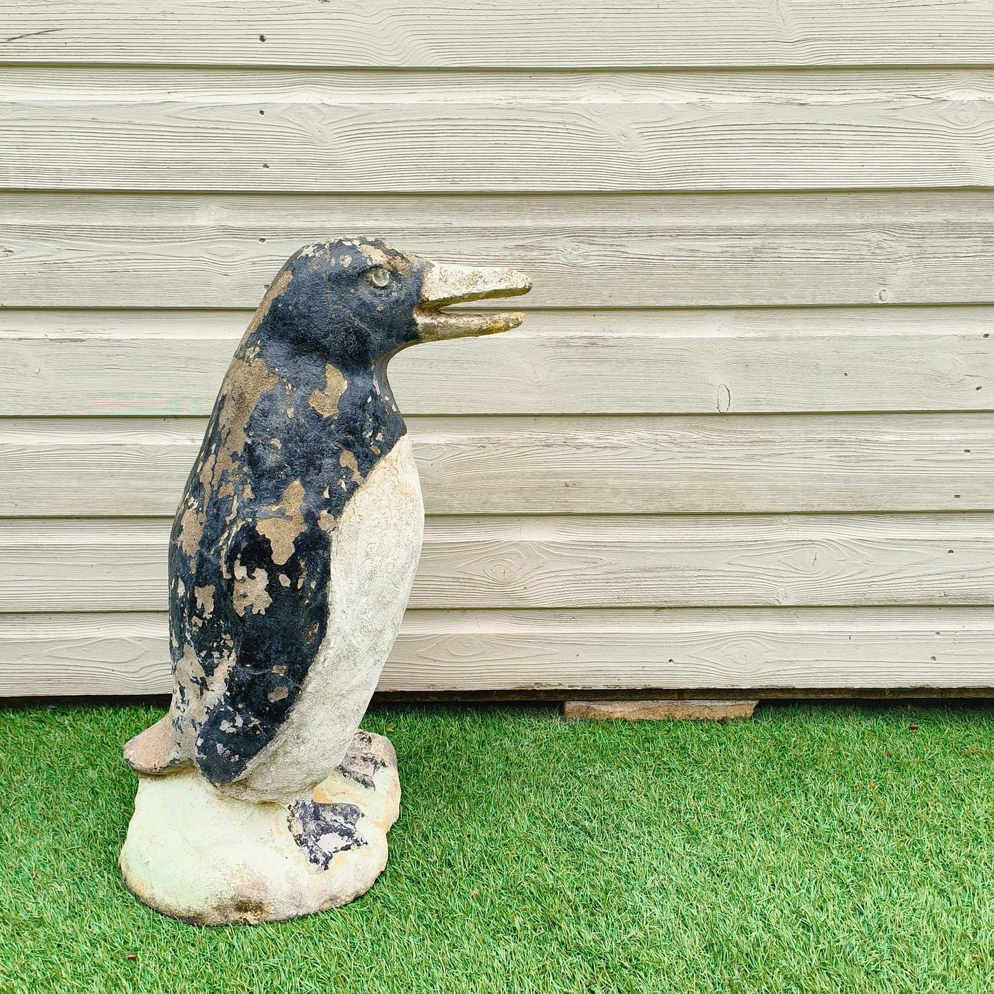 Concrete garden painted penguin with weathered patina and original mid-20th century paint from Portugal