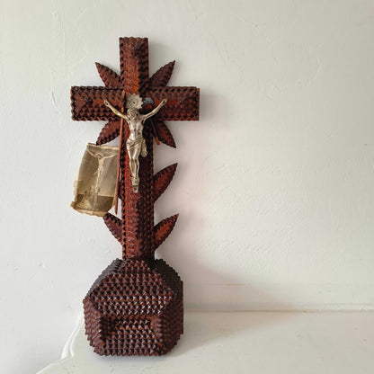 Tramp Art carved wood altar crucifix