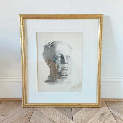 Early 20th c. charcoal portrait sketch of a bust by E. Allen, 1909, detailed shading and classical style