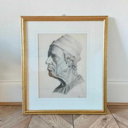 Early 20th c. charcoal portrait sketch of a bust by E. Allen, 1907, detailed shading and classical style