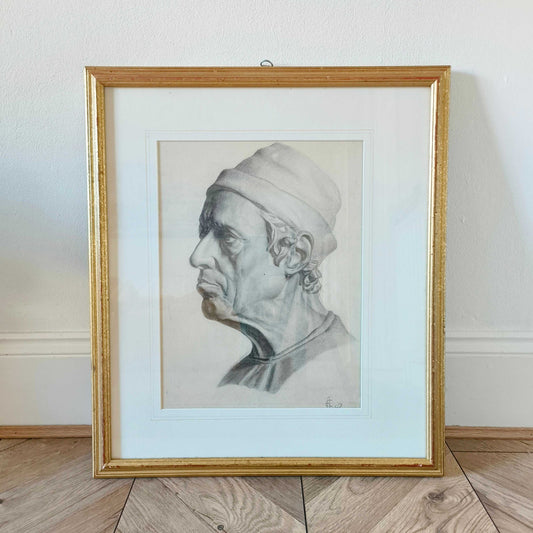 Early 20th c. charcoal portrait sketch of a bust by E. Allen, 1907, detailed shading and classical style