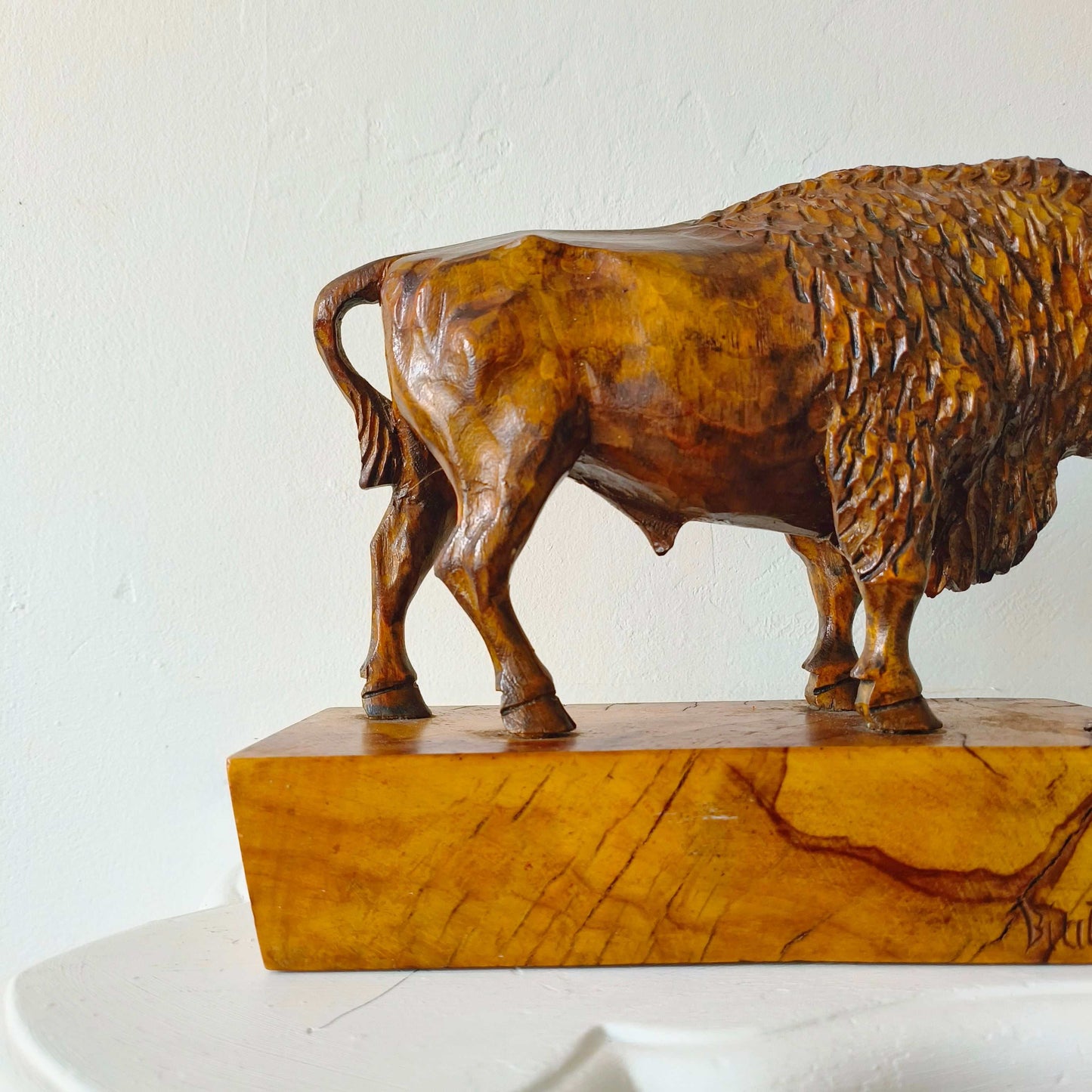 Vintage Hand-Carved Wooden Sculpture Of A Bison