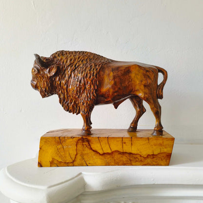 Vintage Hand-Carved Wooden Sculpture Of A Bison