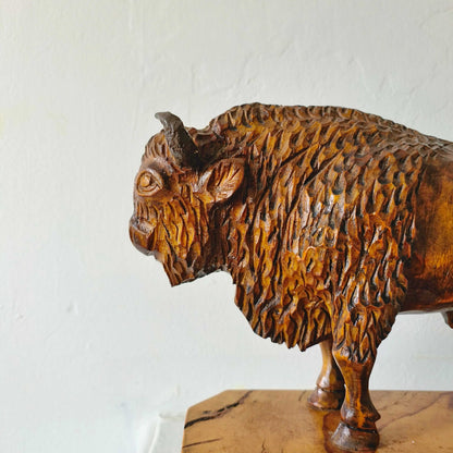 Vintage Hand-Carved Wooden Sculpture Of A Bison