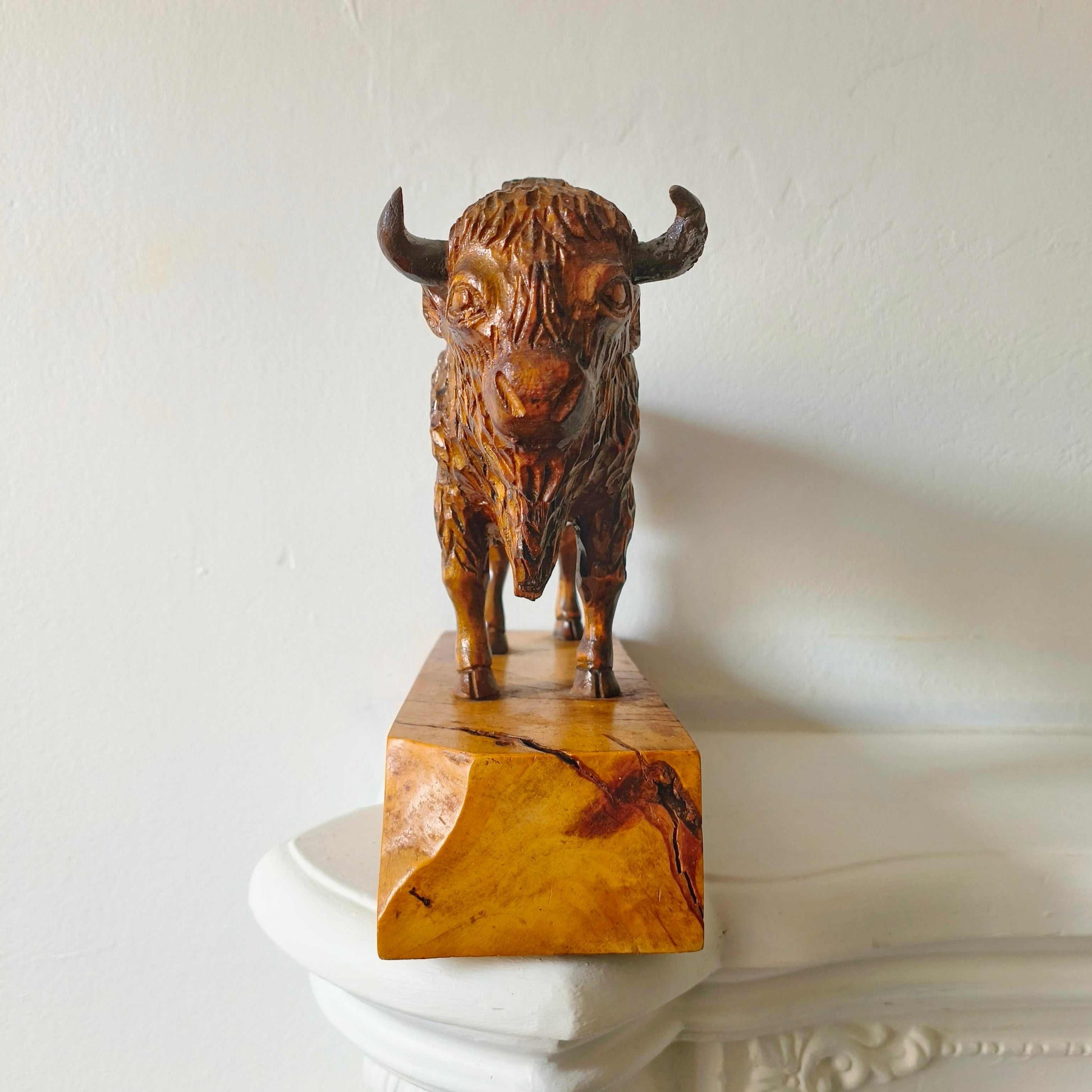 Vintage Hand-Carved Wooden Sculpture Of A Bison