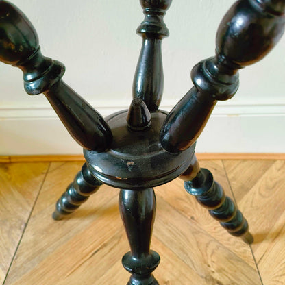 Antique Victorian gypsy table with red velvet octagonal top and ebonized bobbin turned legs