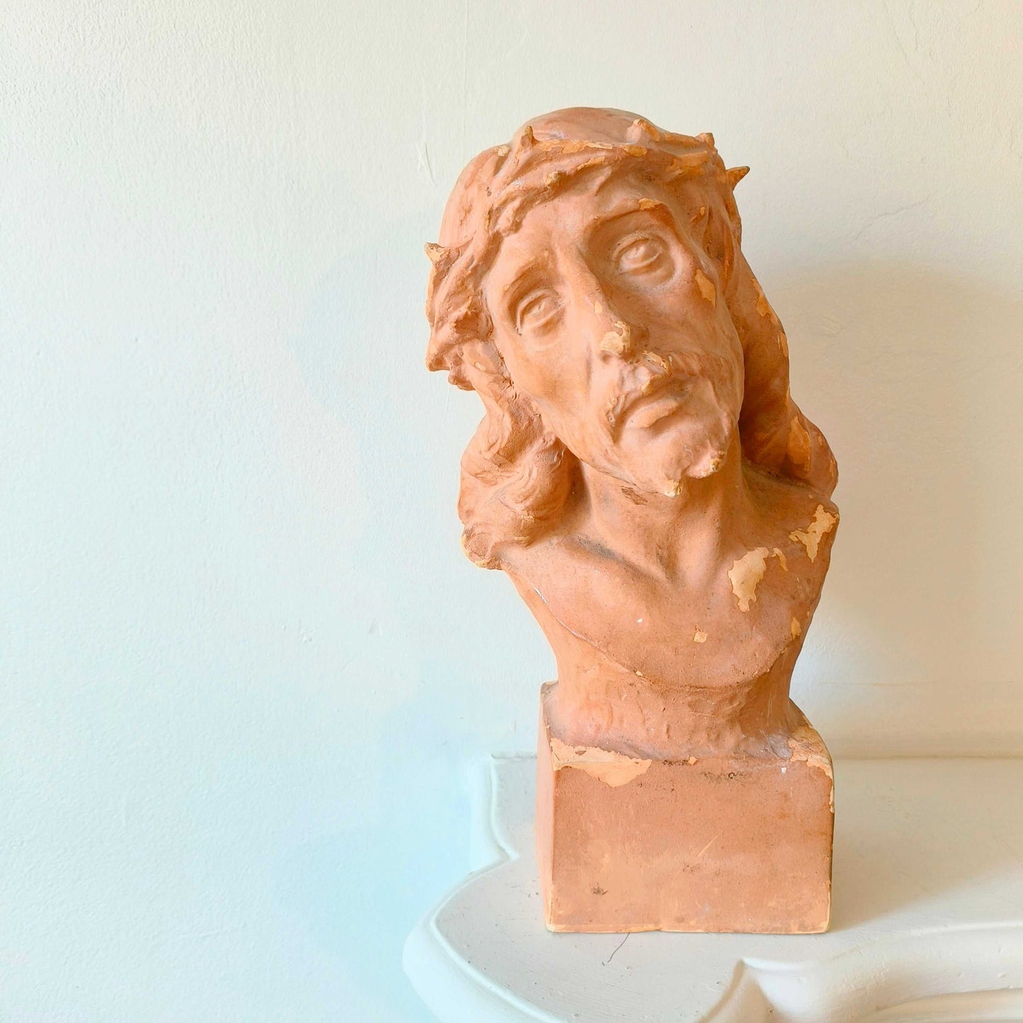 Bust sculpture of Jesus Christ with crown of thorns and expressive upward gaze, early 20th century plaster artwork from France