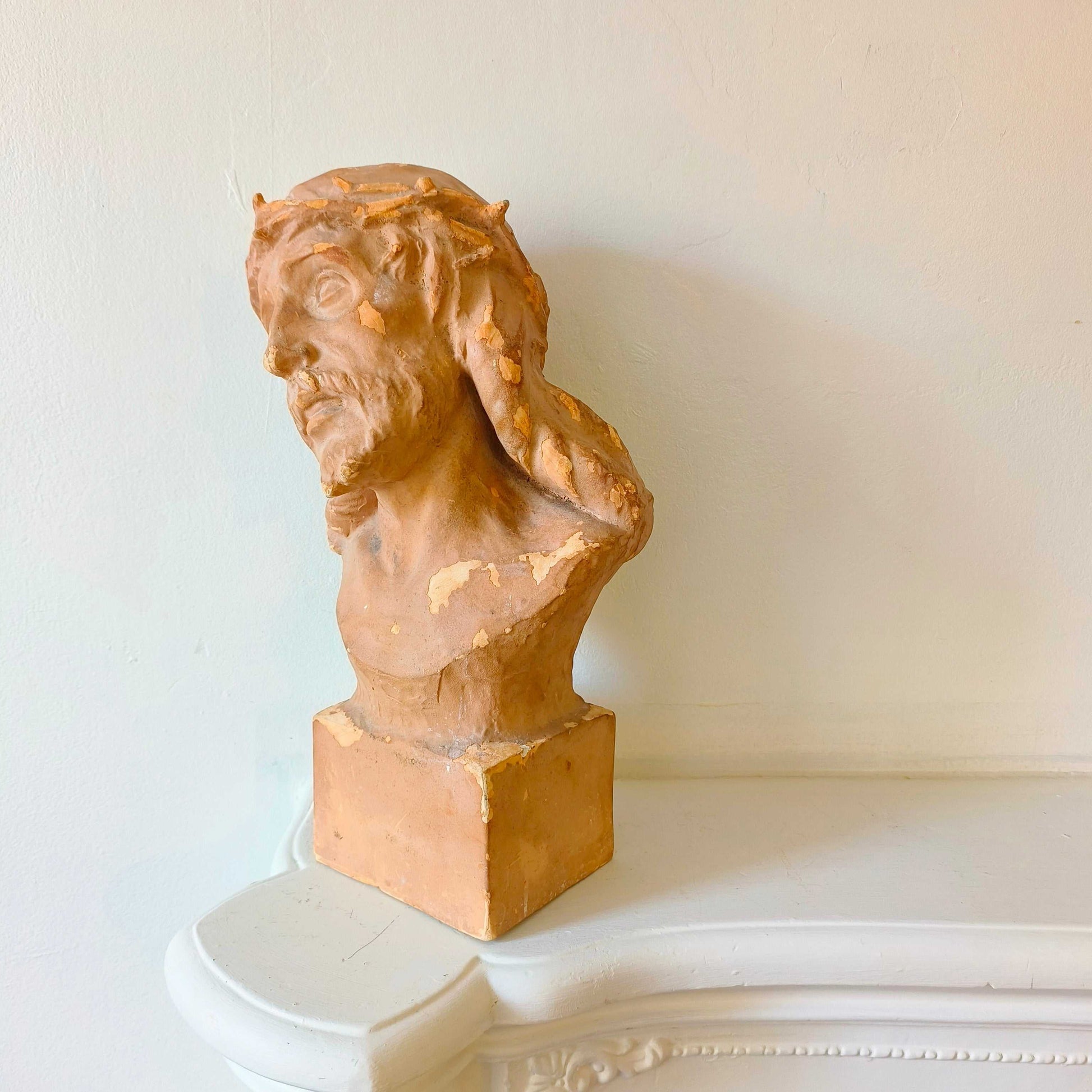 Bust sculpture of Jesus Christ with crown of thorns and expressive upward gaze, early 20th century plaster artwork from France
