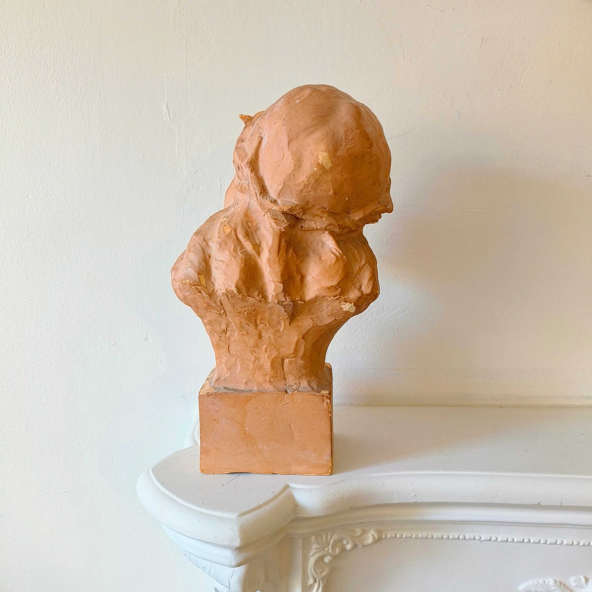 Bust sculpture of Jesus Christ with crown of thorns and expressive upward gaze, early 20th century plaster artwork from France