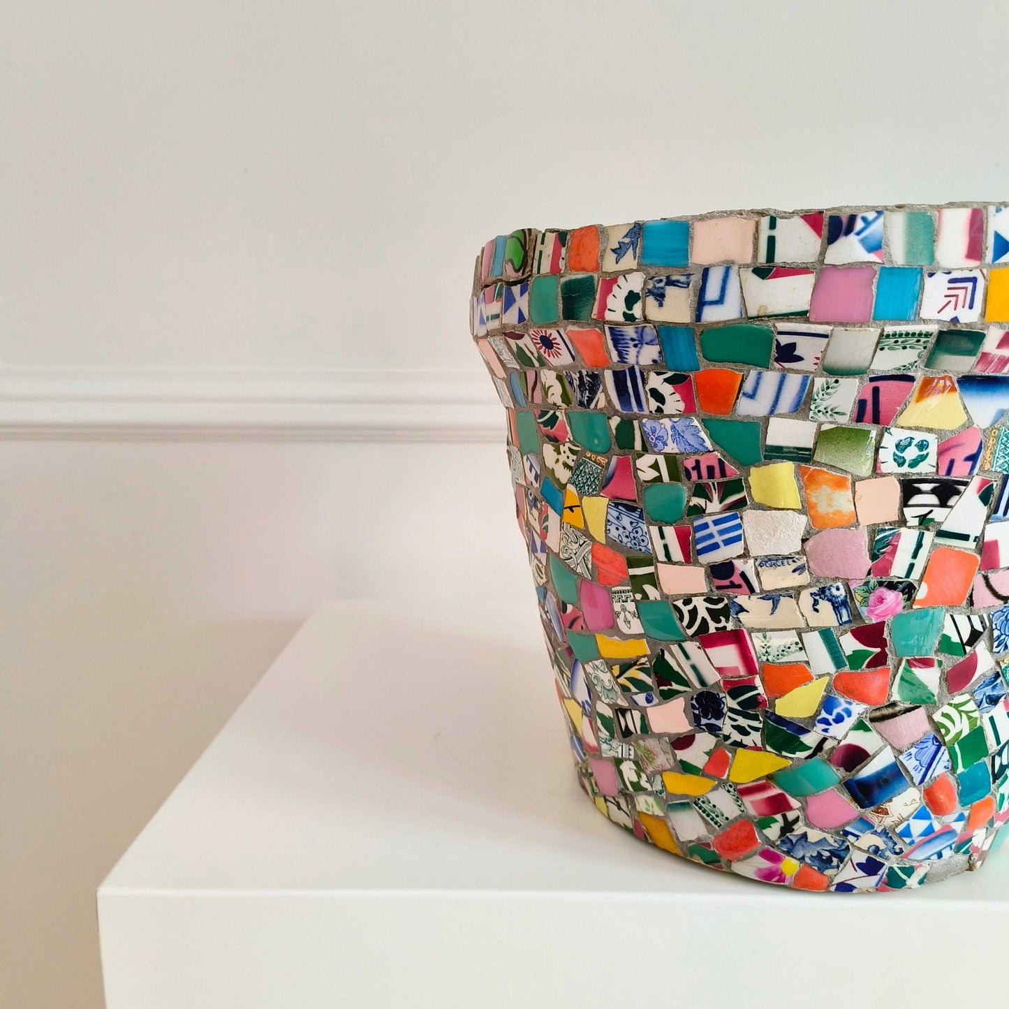 Decorative ceramic mosaic plant pot with vibrant Portuguese folk art design from Lisbon