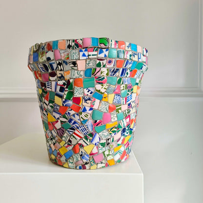 Decorative ceramic mosaic plant pot with vibrant Portuguese folk art design from Lisbon