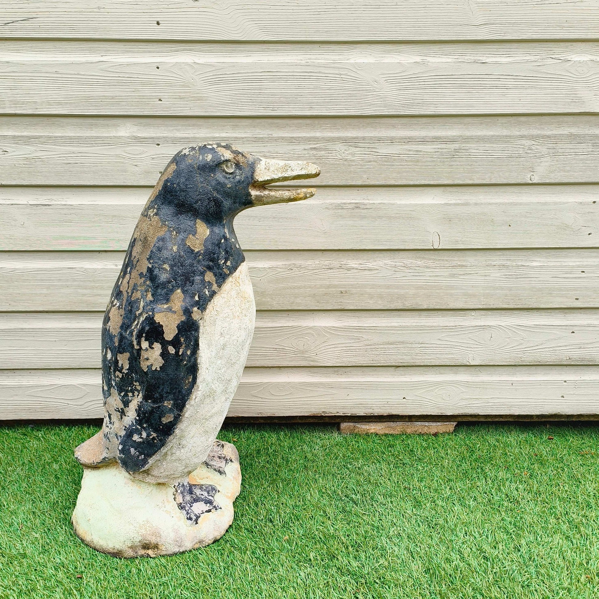 Concrete garden painted penguin with weathered patina and original mid-20th century paint from Portugal