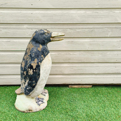 Concrete garden painted penguin with weathered patina and original mid-20th century paint from Portugal