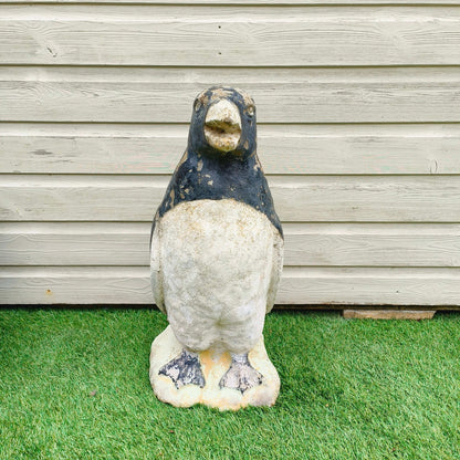 Concrete garden painted penguin with weathered patina and original mid-20th century paint from Portugal
