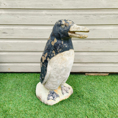 Concrete garden painted penguin with weathered patina and original mid-20th century paint from Portugal