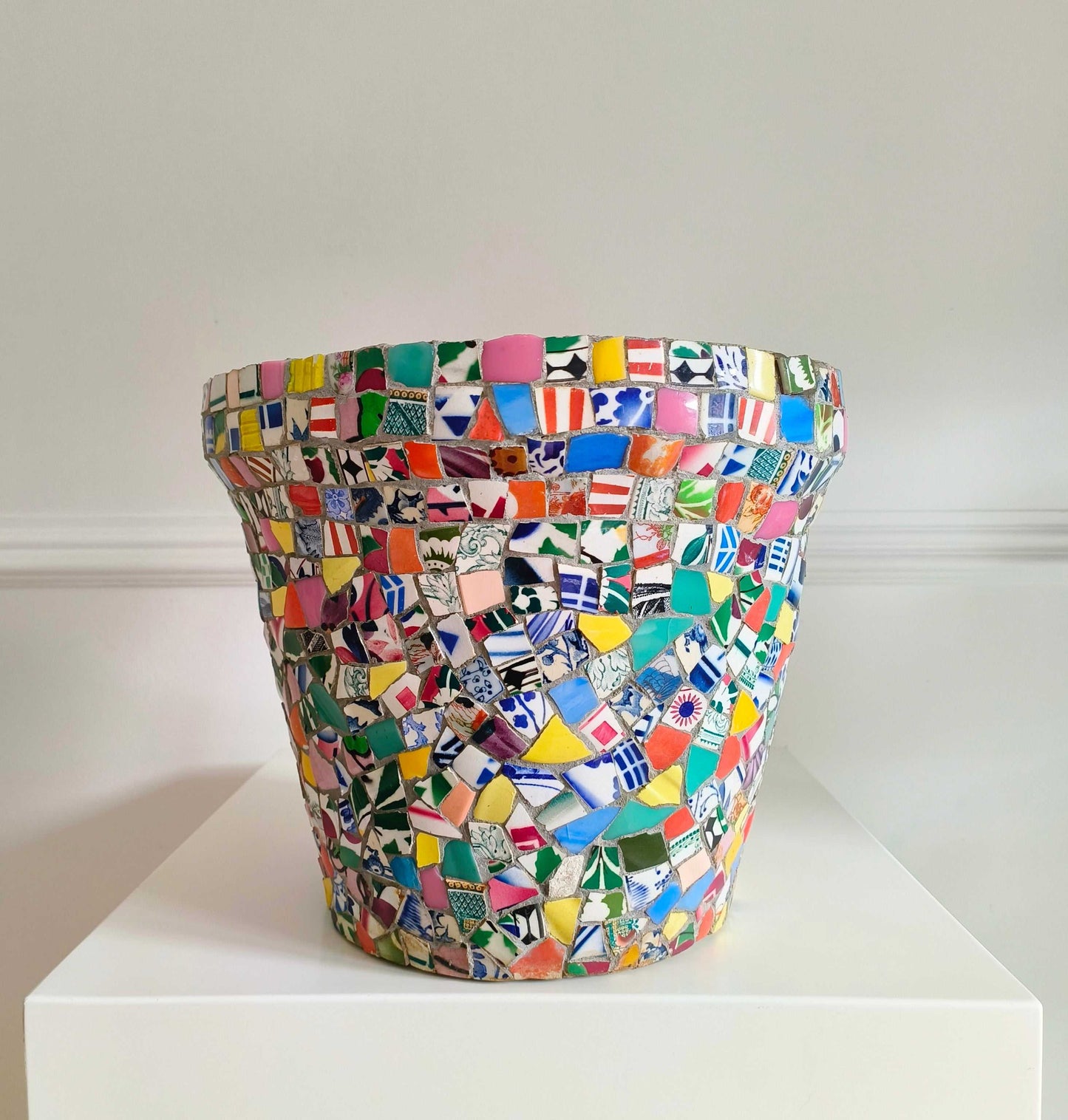 Decorative ceramic mosaic plant pot with vibrant Portuguese folk art design from Lisbon