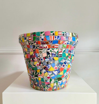 Decorative ceramic mosaic plant pot with vibrant Portuguese folk art design from Lisbon