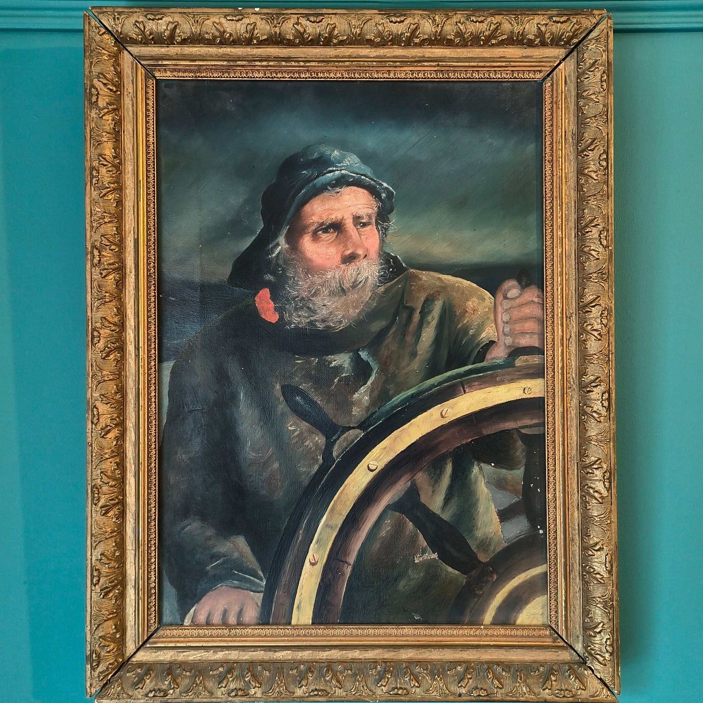 A portrait of a haggard sea captain at the helm, steering a ship