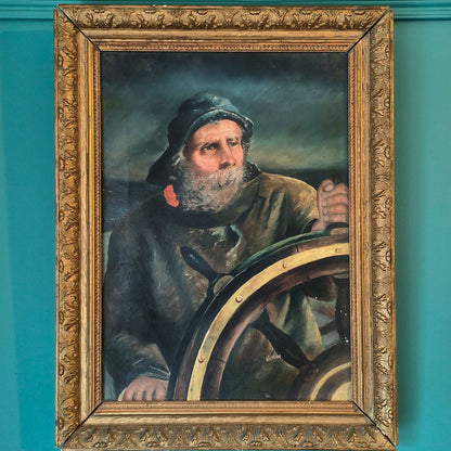 A portrait of a haggard sea captain at the helm, steering a ship