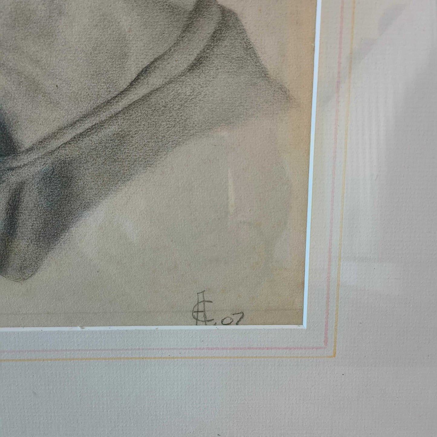 Early 20th c. charcoal portrait sketch of a bust by E. Allen, 1907, detailed shading and classical style