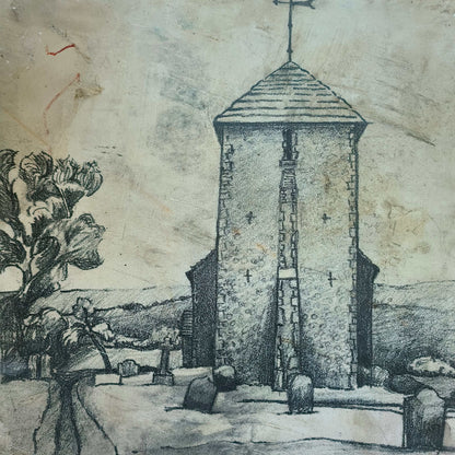 Lithographic limestone printing block featuring hand-drawn stone church tower with weather vane in rural landscape