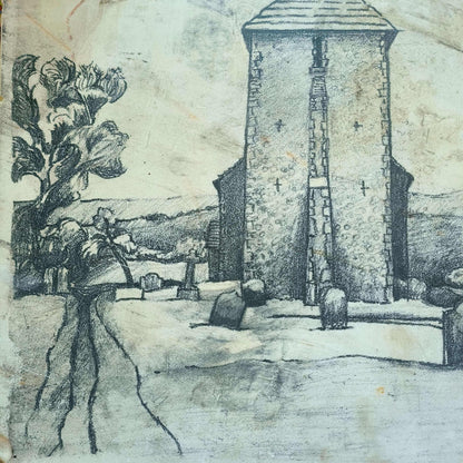 Lithographic limestone printing block featuring hand-drawn stone church tower with weather vane in rural landscape