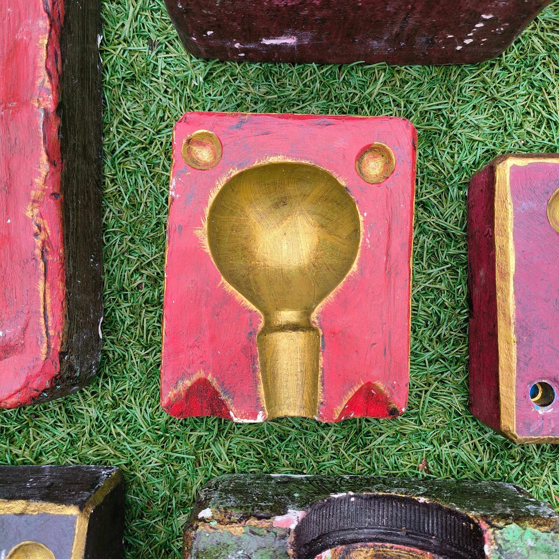 Various decorative plaster moulds from the Cotswolds including bottle and chess piece designs