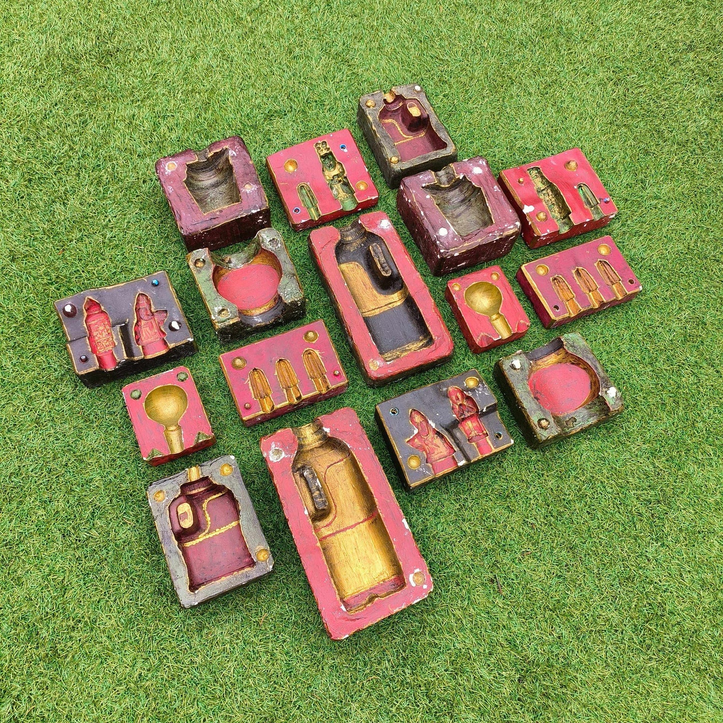 Various decorative plaster moulds from the Cotswolds including bottle and chess piece designs