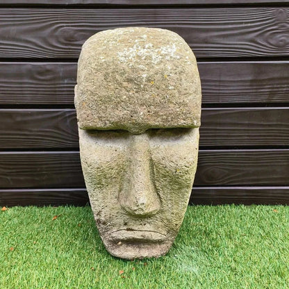 Easter Island Concrete Garden Statue with weathered surface and lichen detailing