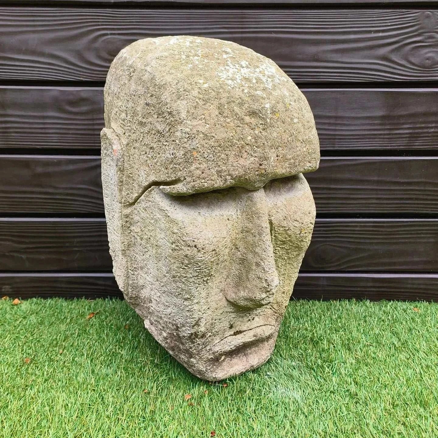 Easter Island Concrete Garden Statue with weathered surface and lichen detailing