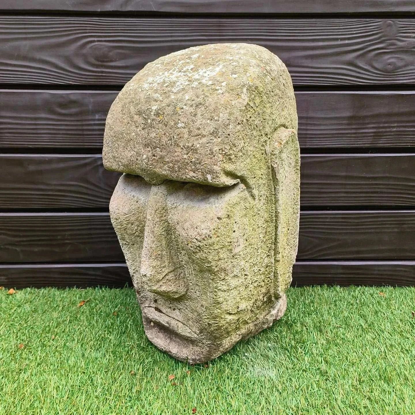 Easter Island Concrete Garden Statue with weathered surface and lichen detailing