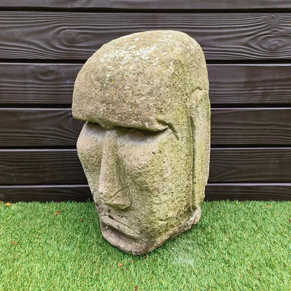 Easter Island Concrete Garden Statue with weathered surface and lichen detailing