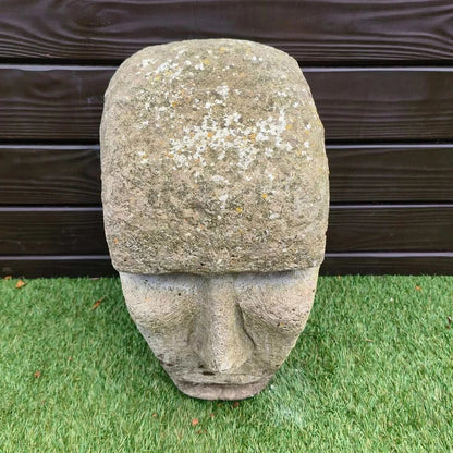 Easter Island Concrete Garden Statue with weathered surface and lichen detailing